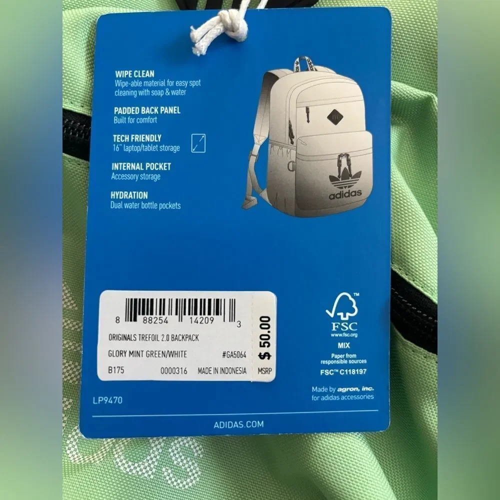 Adidas Mint Green Backpack NWT